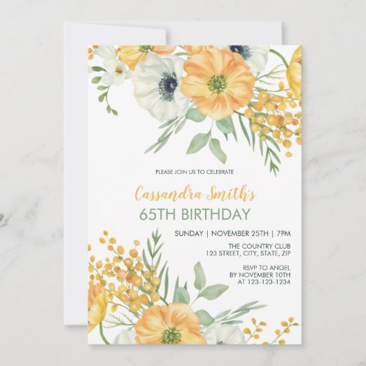 Invitation Anniversaire Floral Orange & Blanc Anémonique (Devant)
