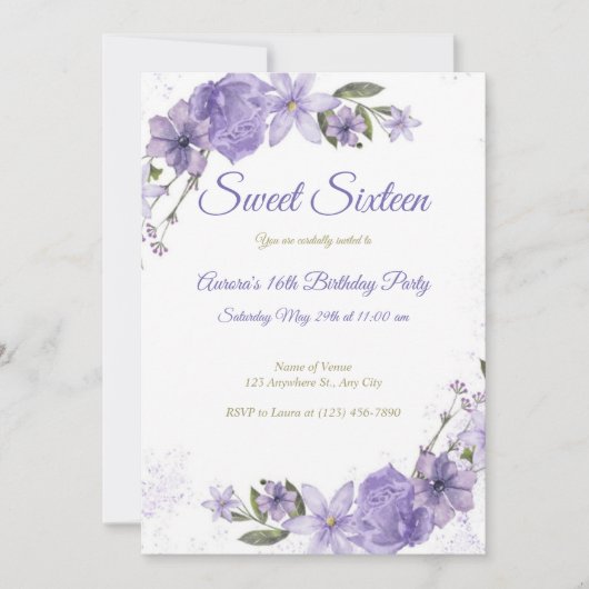 Invitation Anniversaire floral pourpre (Devant)