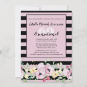 Invitation Anniversaire floral rayé noir élégant (Devant)