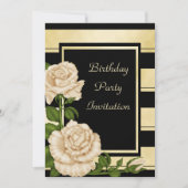Invitation Anniversaire floral rayé noir et or classique (Devant)