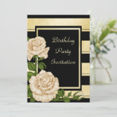 Invitation Anniversaire floral rayé noir et or classique (Debout devant)