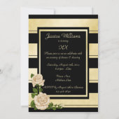 Invitation Anniversaire floral rayé noir et or classique (Dos)
