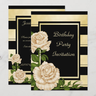 Invitation Anniversaire floral rayé noir et or classique