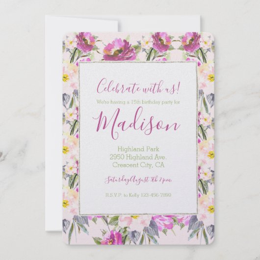 Invitation Anniversaire Floral Rose (Devant)