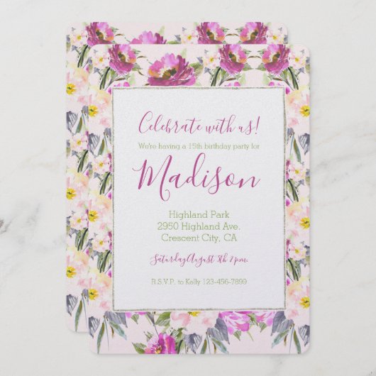 Invitation Anniversaire Floral Rose (Devant / Derrière)