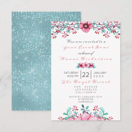 Invitation Anniversaire Floral rose Bohême Sparkly Aqua (Devant / Derrière)