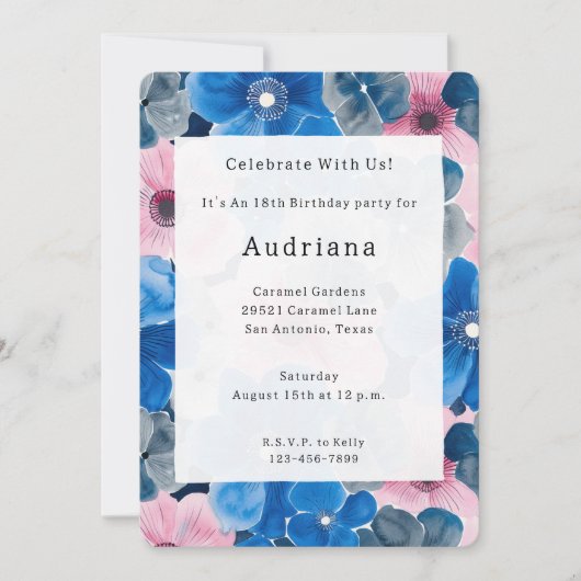 Invitation Anniversaire floral rose chic (Devant)