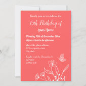 Invitation Anniversaire floral rose corail simple (Devant)