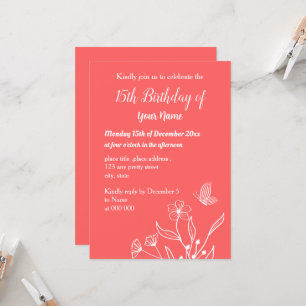 Invitation Anniversaire floral rose corail simple