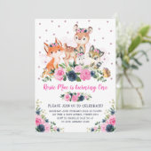 Invitation Anniversaire floral rose d'animaux de forêt de (Debout devant)