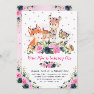 Invitation Anniversaire floral rose d'animaux de forêt de