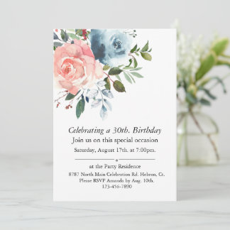 Invitation Anniversaire floral rose et bleu personnalisable
