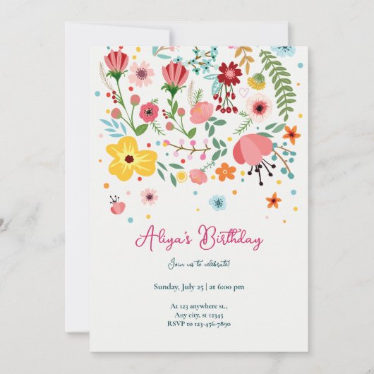 Invitation Anniversaire Floral rose jaune (Devant)