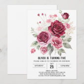 Invitation Anniversaire floral simple bordeaux élégant (Devant / Derrière)