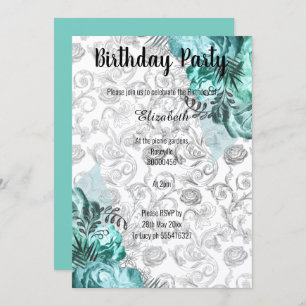 INVITATION ANNIVERSAIRE FLORALE BLANC NOIR AQUA