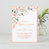 Invitation Anniversaire florale de Quinceanera rose et or élé (Debout devant)