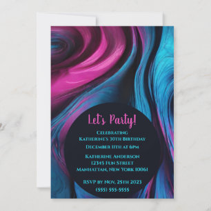 Invitation Anniversaire Fluid Art-Blue et rose-Abstrait