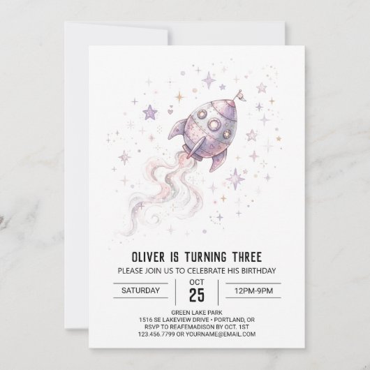 Invitation Anniversaire Fusée Spatiale Violette (Devant)