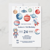 Invitation Anniversaire Garçon Astronaute Planètes Rouge Bleu (Devant)