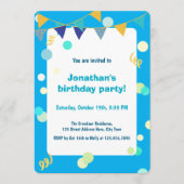 Invitation Anniversaire Garçon Bleu & Vert Confettis Colorés (Devant)