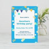 Invitation Anniversaire Garçon Bleu & Vert Confettis Colorés (Debout devant)