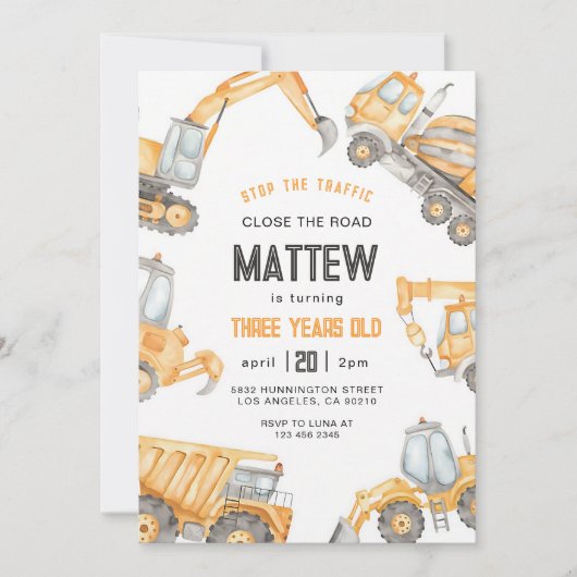 Invitation Anniversaire Garçon Camion de Chantier (Devant)