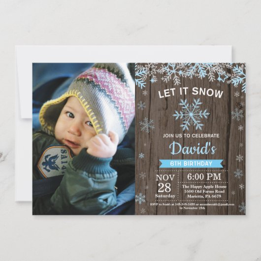 Invitation Anniversaire Garçon Hiver Rustique Flocon de Neige (Devant)