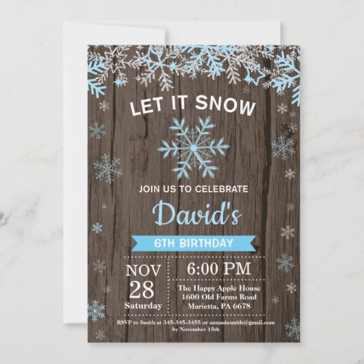 Invitation Anniversaire Garçon Hiver Rustique Flocon de Neige (Devant)