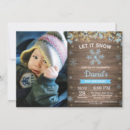 Invitation Anniversaire Garçon Hiver Rustique Flocon de Neige (Devant)