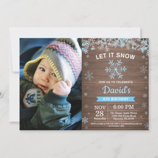 Invitation Anniversaire Garçon Hiver Rustique Flocon de Neige (Devant)