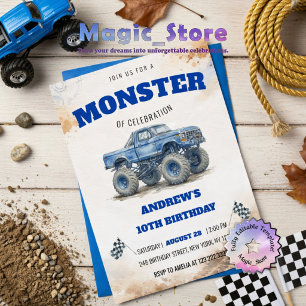 Invitation Anniversaire Garçon Monster Truck Bleu Aquarelle M