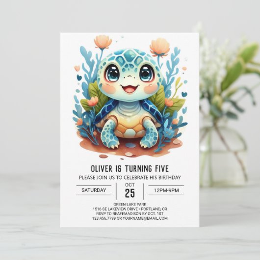 Invitation Anniversaire Garçon Tortue Personnalisé Pastel Amu (Debout devant)