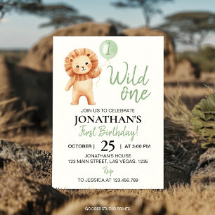 Invitation Anniversaire Garçons Ballon Lion Vert Sauge Wild O