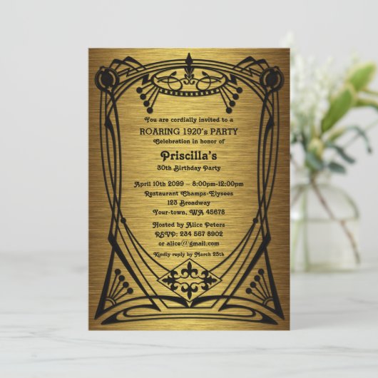 Invitation Anniversaire, Gatsby style, or noir, monogramme (Debout devant)