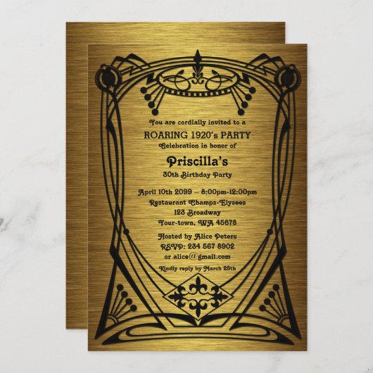 Invitation Anniversaire, Gatsby style, or noir, monogramme (Devant / Derrière)