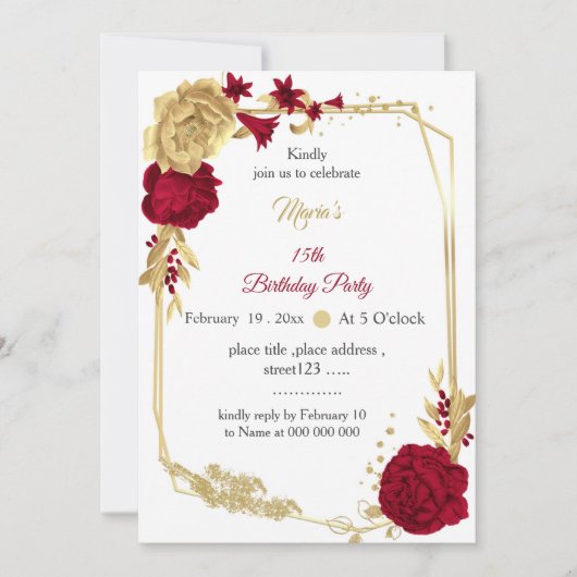 Invitation anniversaire géométrique des fleurs bordeaux et or (Devant)