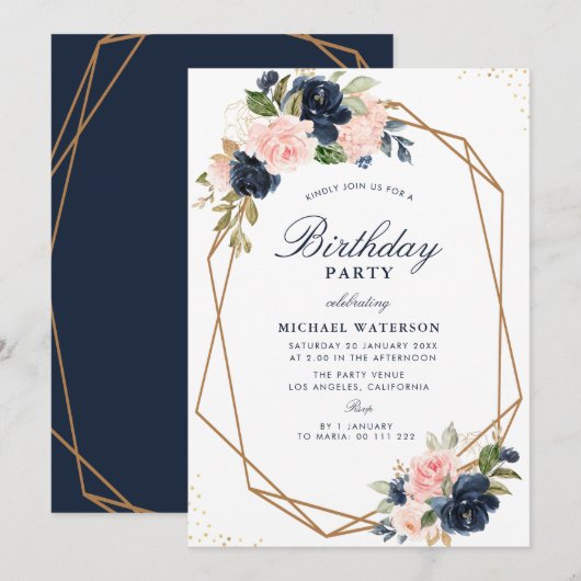 Invitation Anniversaire géométrique floral floral de la marin (Devant / Derrière)