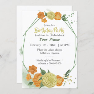Invitation anniversaire géométrique jaune orange floral vert