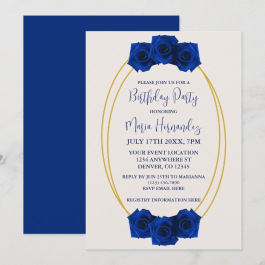 Invitation Anniversaire géométrique Royal Blue et Gold (Devant / Derrière)