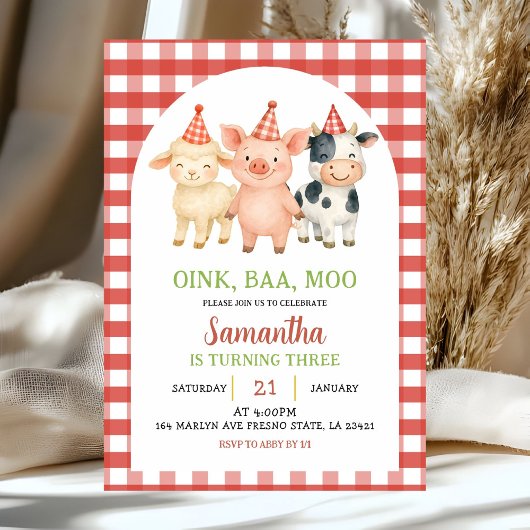 Invitation anniversaire gingham fête à la ferme