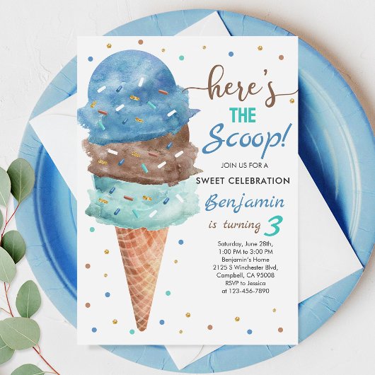 Invitation Anniversaire Glace: Cône Bleu Menthe