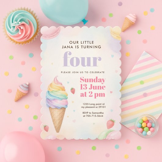 Invitation Anniversaire Glace Mauve Pastel | Fille Douce