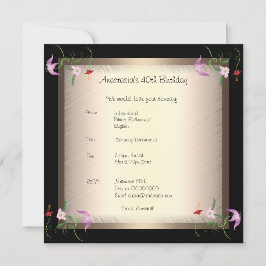 Invitation Anniversaire Glamour Floral (Devant)