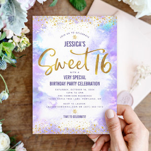Invitation Anniversaire Glamour Or Rose Violet 16 ans Aquarel