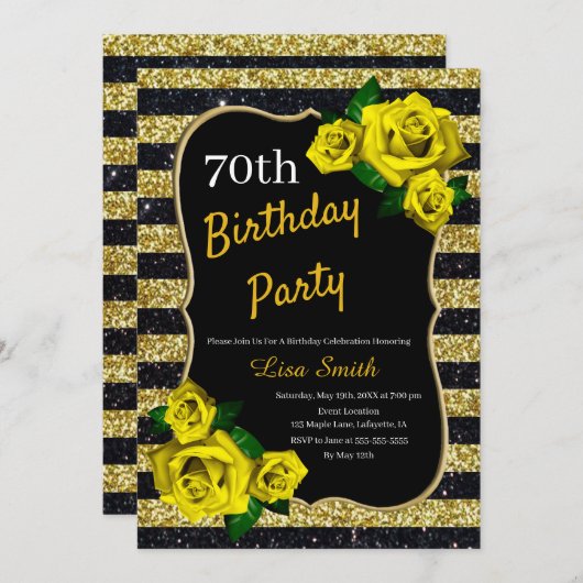 Invitation Anniversaire Gold Black Stripes Parties scintillan (Devant / Derrière)