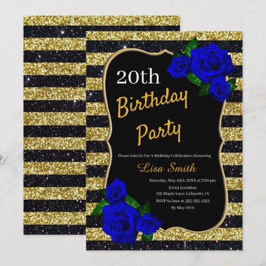 Invitation Anniversaire Gold Black Stripes Parties scintillan (Devant / Derrière)