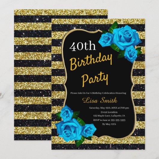 Invitation Anniversaire Gold Black Stripes Parties scintillan (Devant / Derrière)