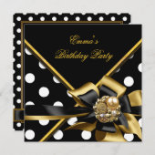 Invitation Anniversaire Gold Black White Polka Dot Image (Devant / Derrière)