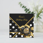 Invitation Anniversaire Gold Black White Polka Dot Image (Debout devant)