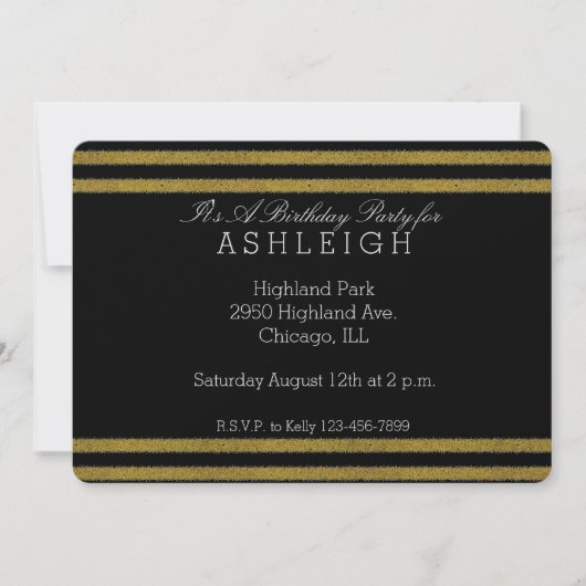 Invitation Anniversaire Gold et Black Chic Stripes (Devant)